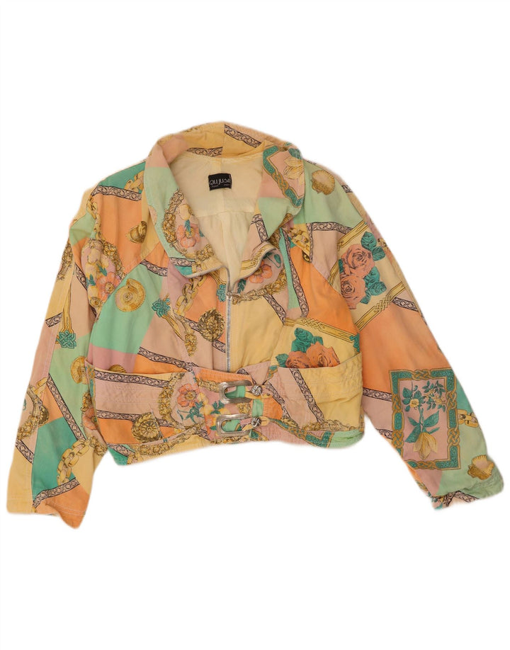 Vintage mujer crop bomber chaqueta Reino Unido 12 algodón floral multicolor medio
