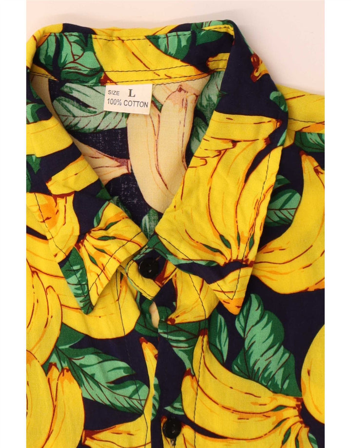 Vintage hombres patrón abstracto camisa de manga corta algodón amarillo grande