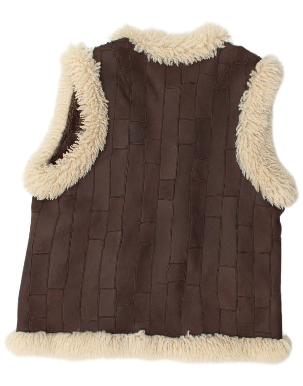 Vintage mujer Sherpa cuero Gilet EU 46 XL Marrón