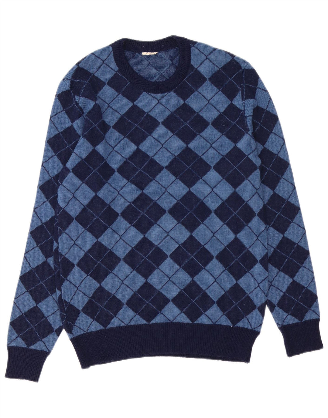 Vintage hombres cuello redondo jersey suéter medio azul marino Argyle/Diamond