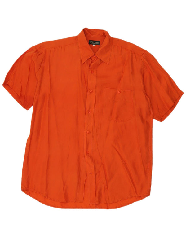 Camisa vintage de manga corta para hombre de seda naranja grande