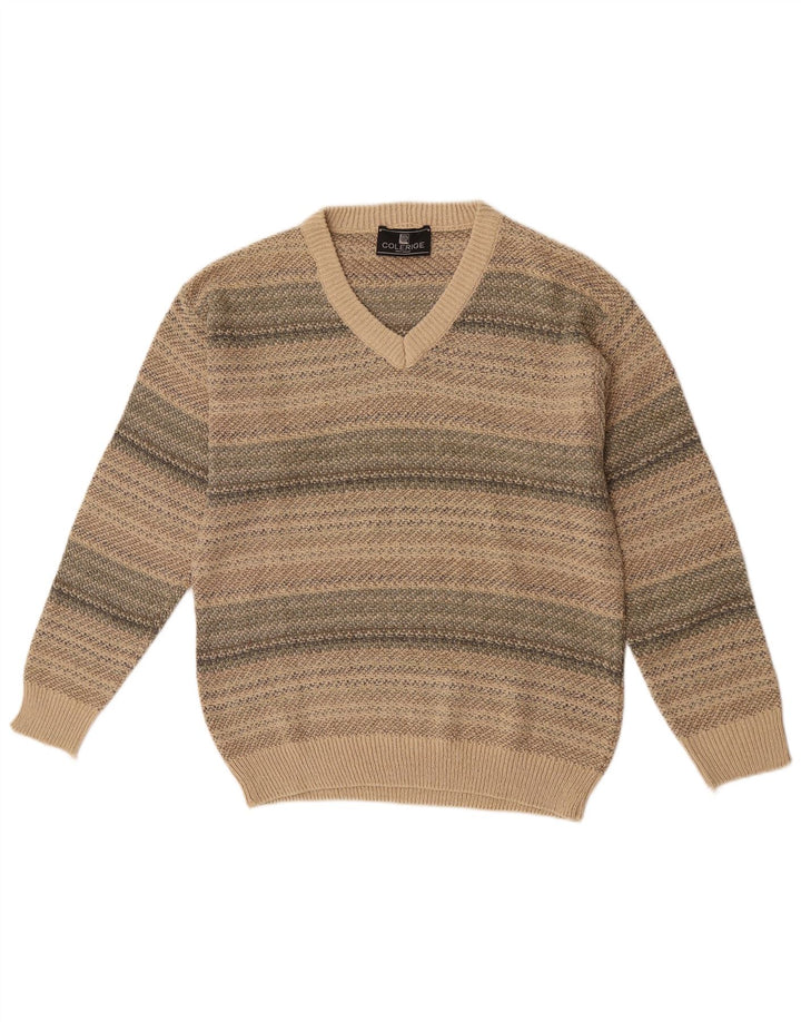 Vintage hombres V-cuello jumper suéter medio beige rayas