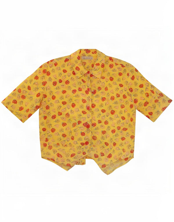 Vintage mujer crop manga corta camisa blusa Reino Unido 14 medio amarillo floral