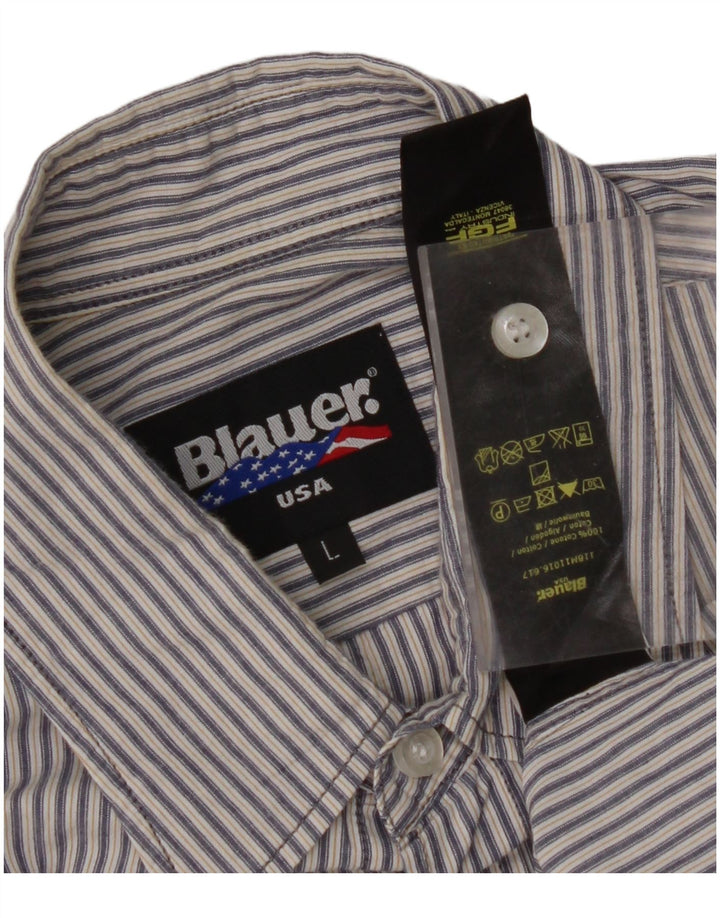 BLAUER Camisa militar de manga corta para hombre de algodón a rayas azules grandes