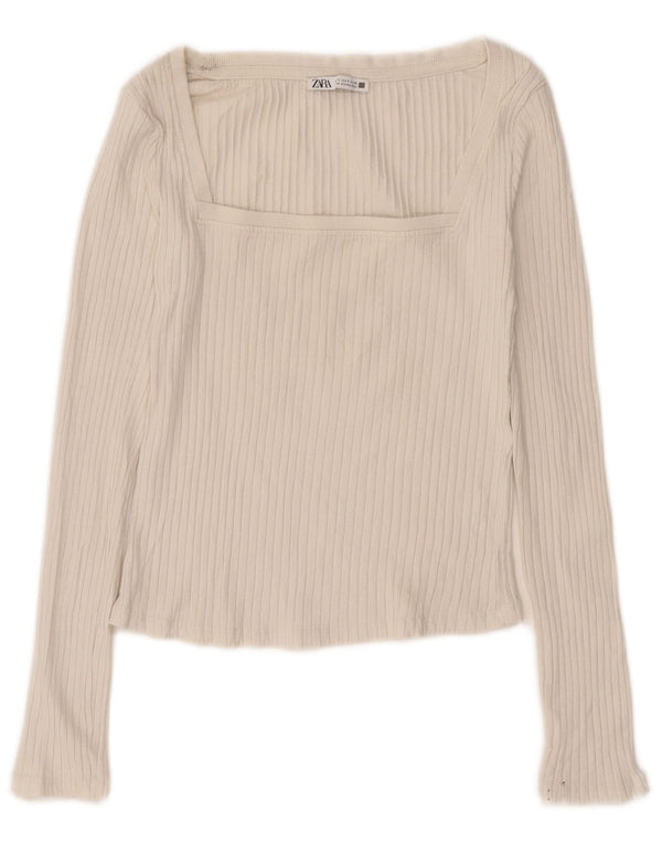 Zara Mujer Crop Top Manga Larga UK 10 Small Beige