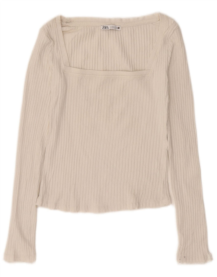 Zara Mujer Crop Top Manga Larga UK 10 Small Beige