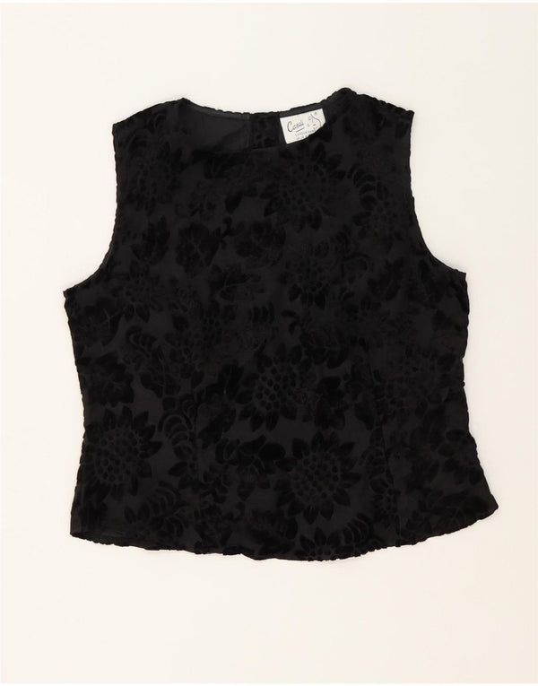 Vintage mujer sin mangas crop blusa Top Reino Unido 14 Medio Negro Floral