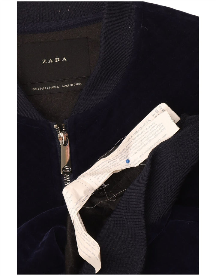 Zara Mens Velour Bomber Jacket UK 40 Large Azul Marino Poliéster