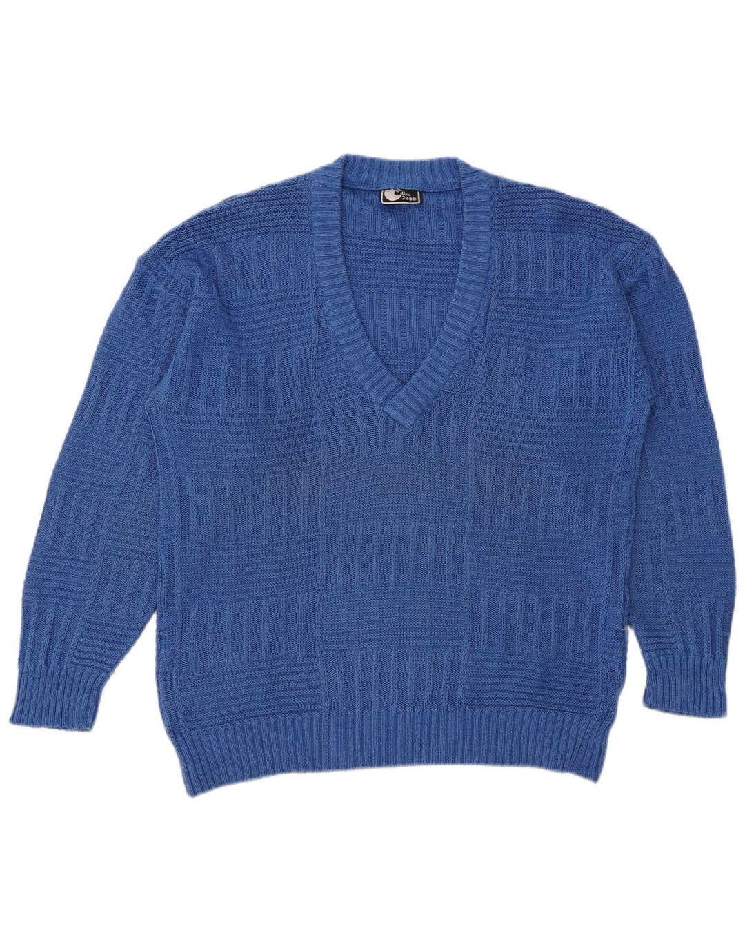 Vintage hombres V-cuello jumper suéter medio algodón azul