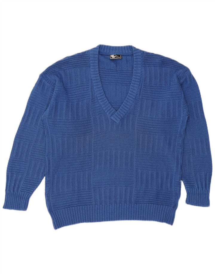 Vintage hombres V-cuello jumper suéter medio algodón azul