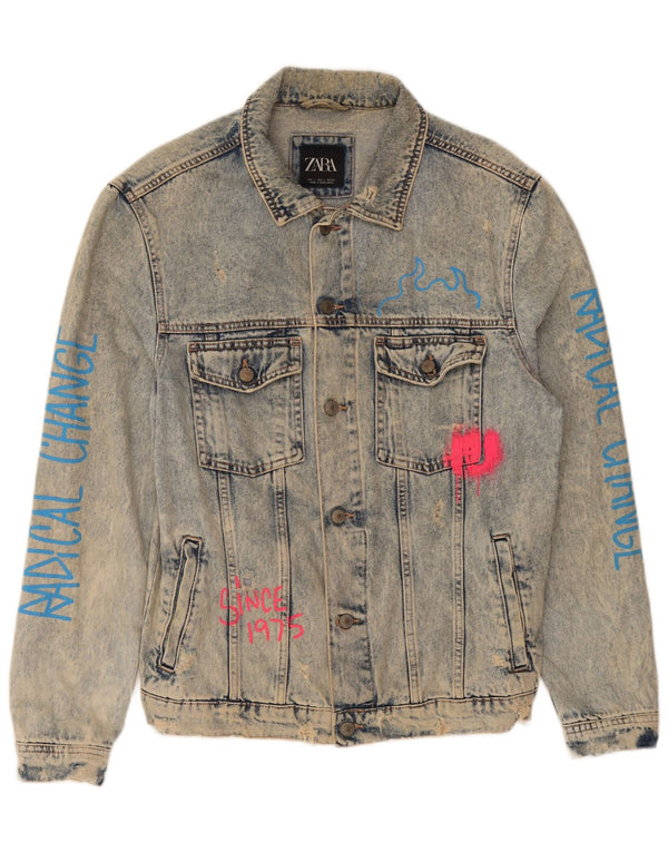 Zara Mens Graphic Denim Jacket UK 40 Grande Algodón Azul