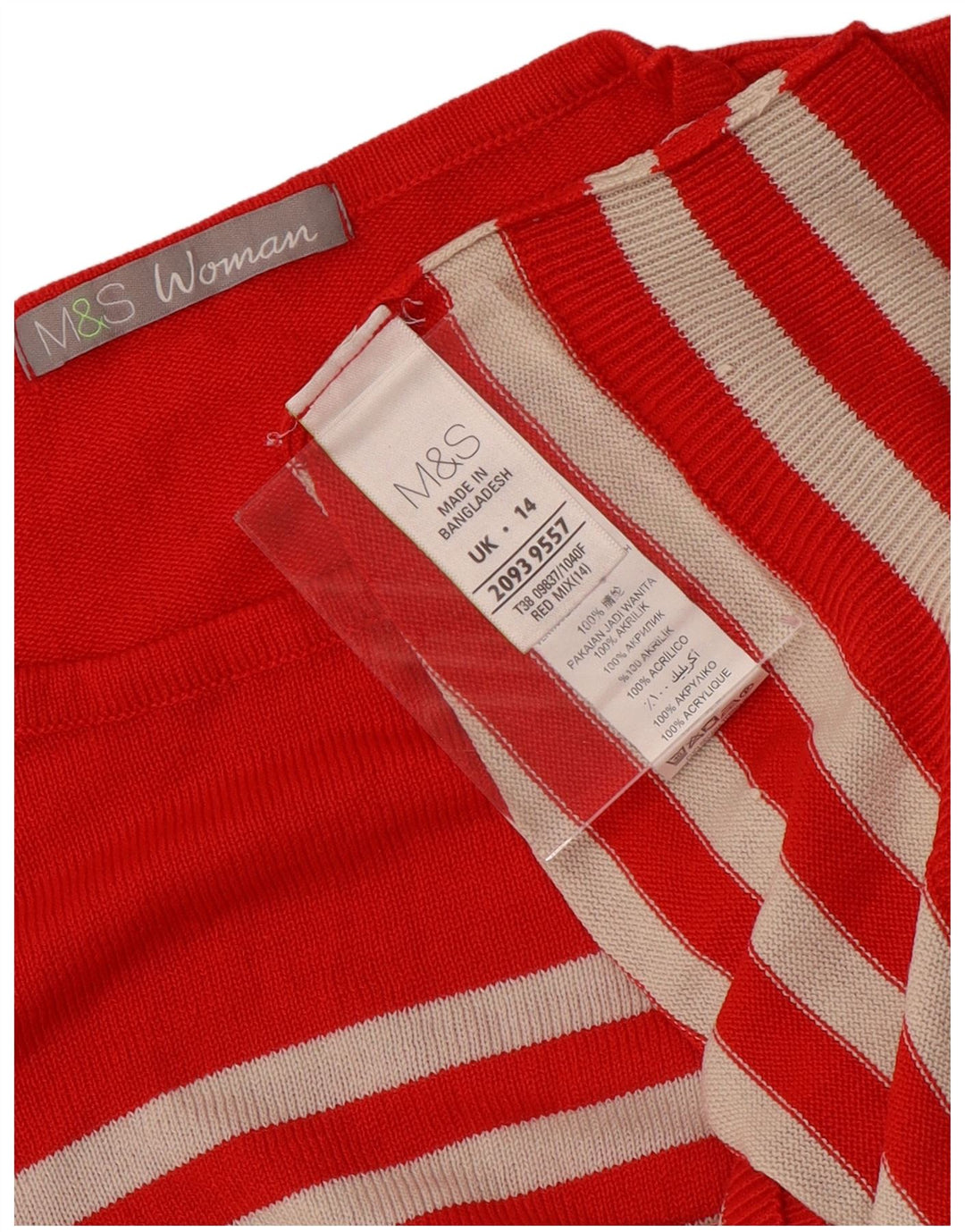 Marks & Spencer Suéter de Cuello Redondo para Mujer UK 44 Mediano Rayas Rojas