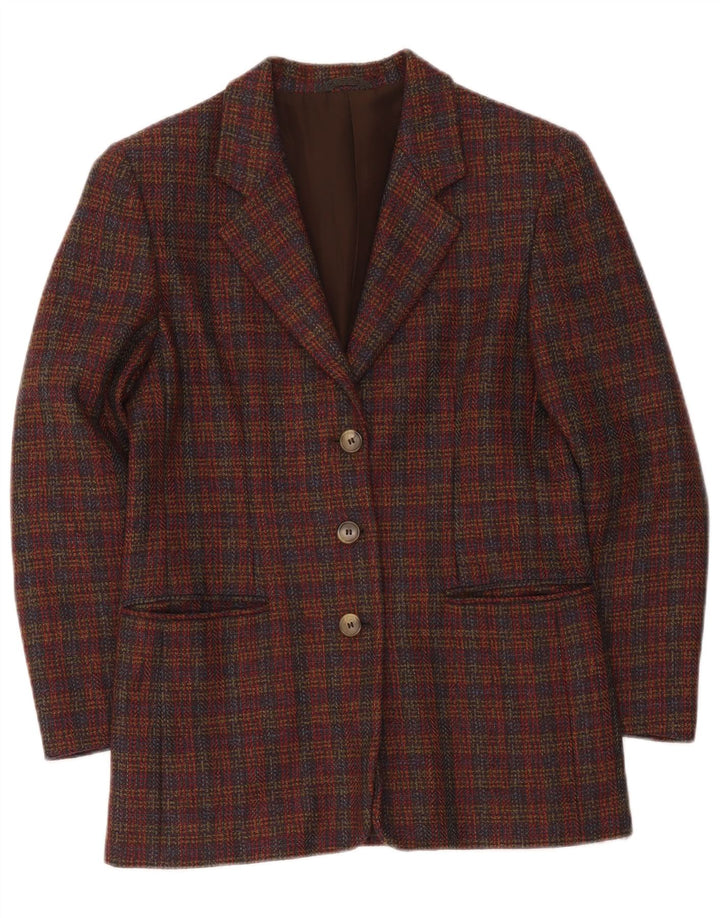 Vintage mujer 3 botones chaqueta blazer de gran tamaño Reino Unido 10 pequeño cheque borgoña