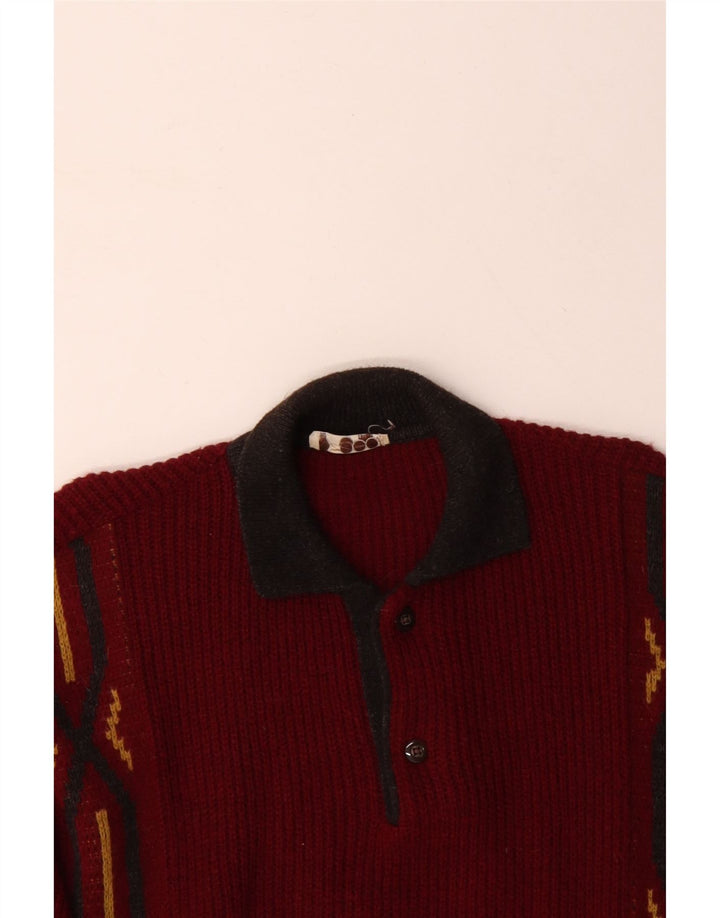 VINTAGE Hombres Polo Cuello Jersey Suéter Grande Rojo Geométrico
