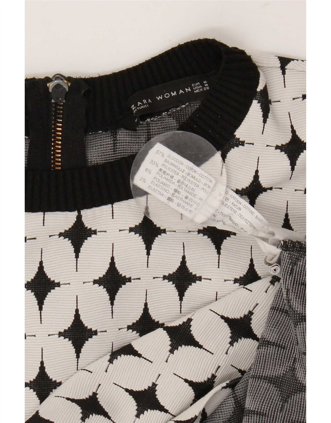 Zara Vestido Acampanado con Estampado Abstracto para Mujer UK 40 Mediano Algodón Blanco
