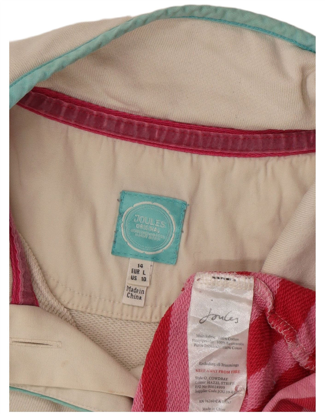 Joules - Sudadera con cuello y botones para mujer, talla grande, color rosa, algodón a rayas