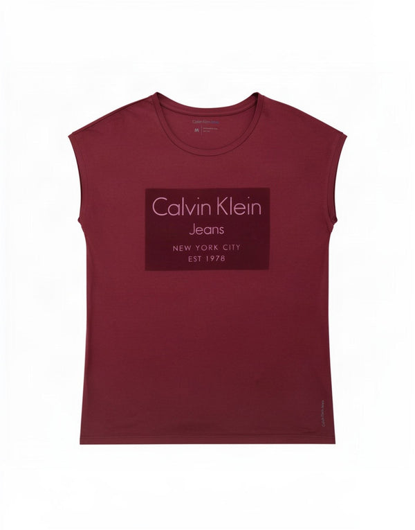 Calvin Klein Jeans Camiseta gráfica para mujer Top UK 44 Algodón medio burdeos