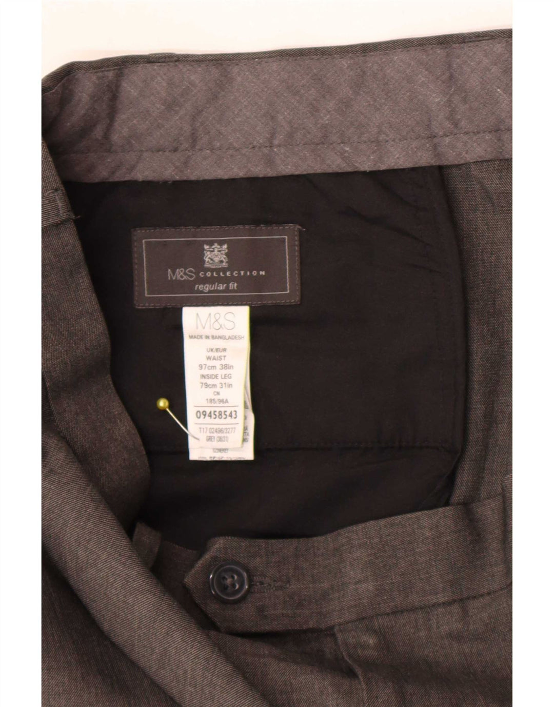 Marks & Spencer Pantalón de traje de corte regular para hombre W38 L31 Poliéster gris