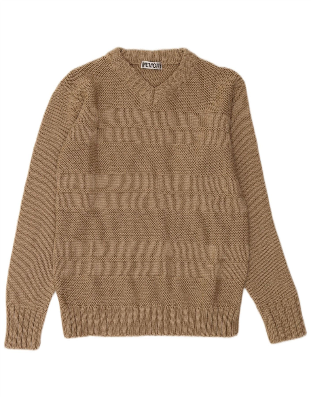 VINTAGE Mens V-Neck Jumper Sweater Small Brown Striped