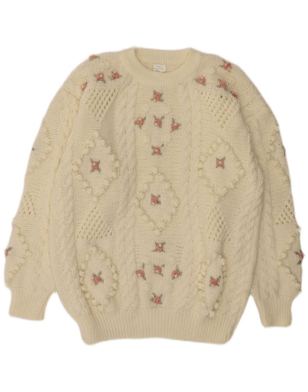 Vintage mujer cuello redondo jersey suéter Reino Unido 20 2XL off blanco floral