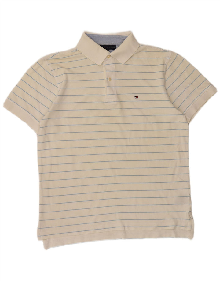 TOMMY HILFIGER Mens Polo Shirt Medium Off White Striped Cotton