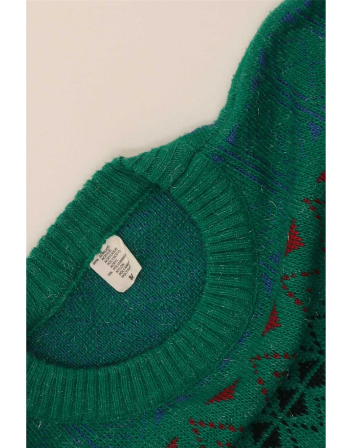 Vintage hombres cuello redondo jersey suéter medio verde geométrico acrílico