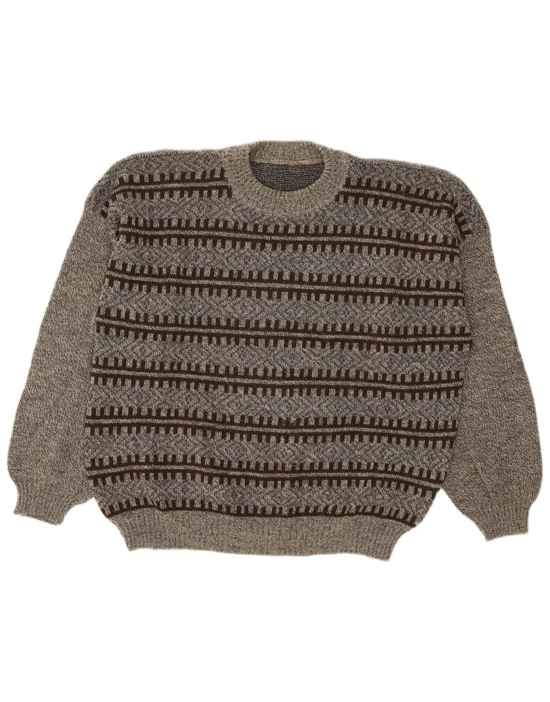 Vintage hombres cuello redondo jersey suéter grande gris geométrico