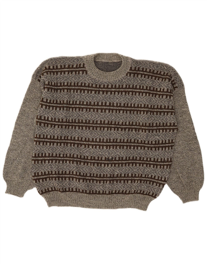 Vintage hombres cuello redondo jersey suéter grande gris geométrico
