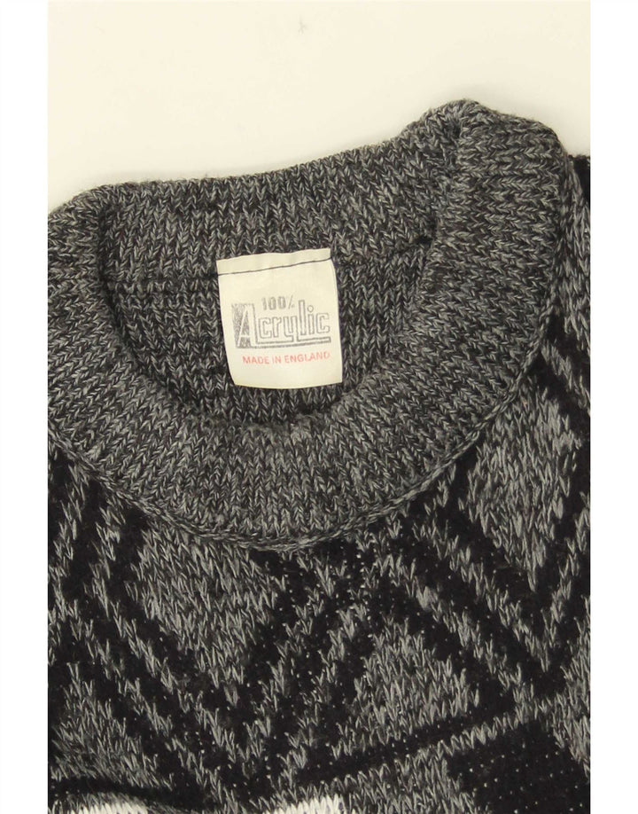 Vintage hombres cuello redondo jersey suéter medio gris geométrico acrílico