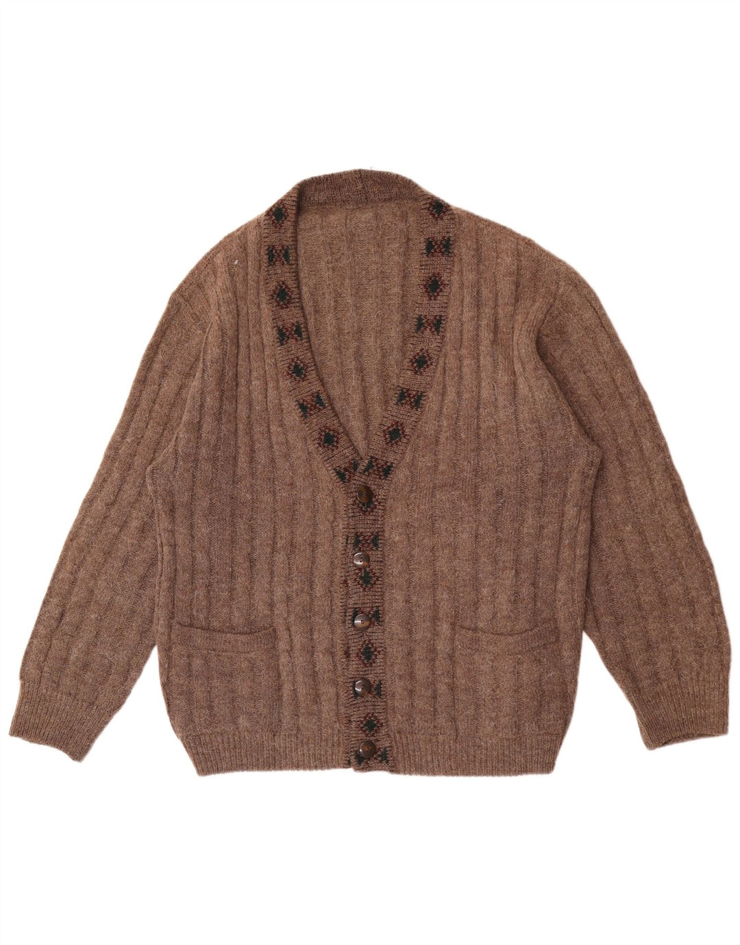 Vintage hombres Cardigan suéter grande marrón geométrico