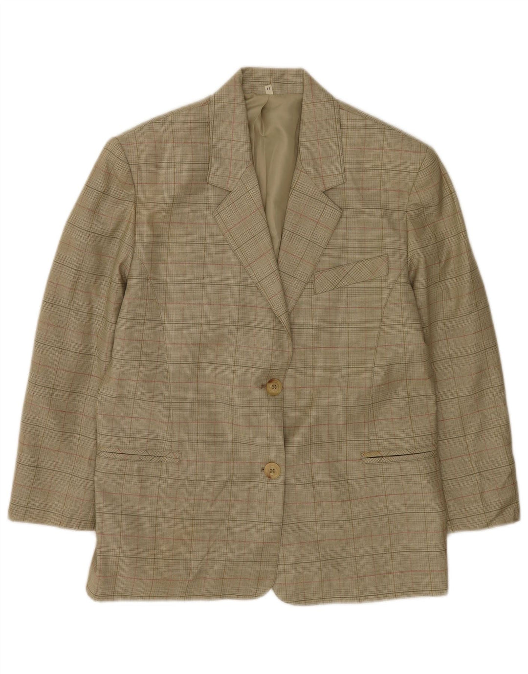 Vintage mujer 2 botones Blazer chaqueta IT 44 medio caqui comprobar lana virgen