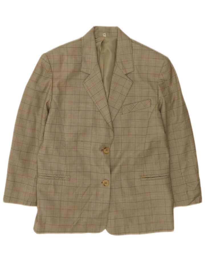 Vintage mujer 2 botones Blazer chaqueta IT 44 medio caqui comprobar lana virgen