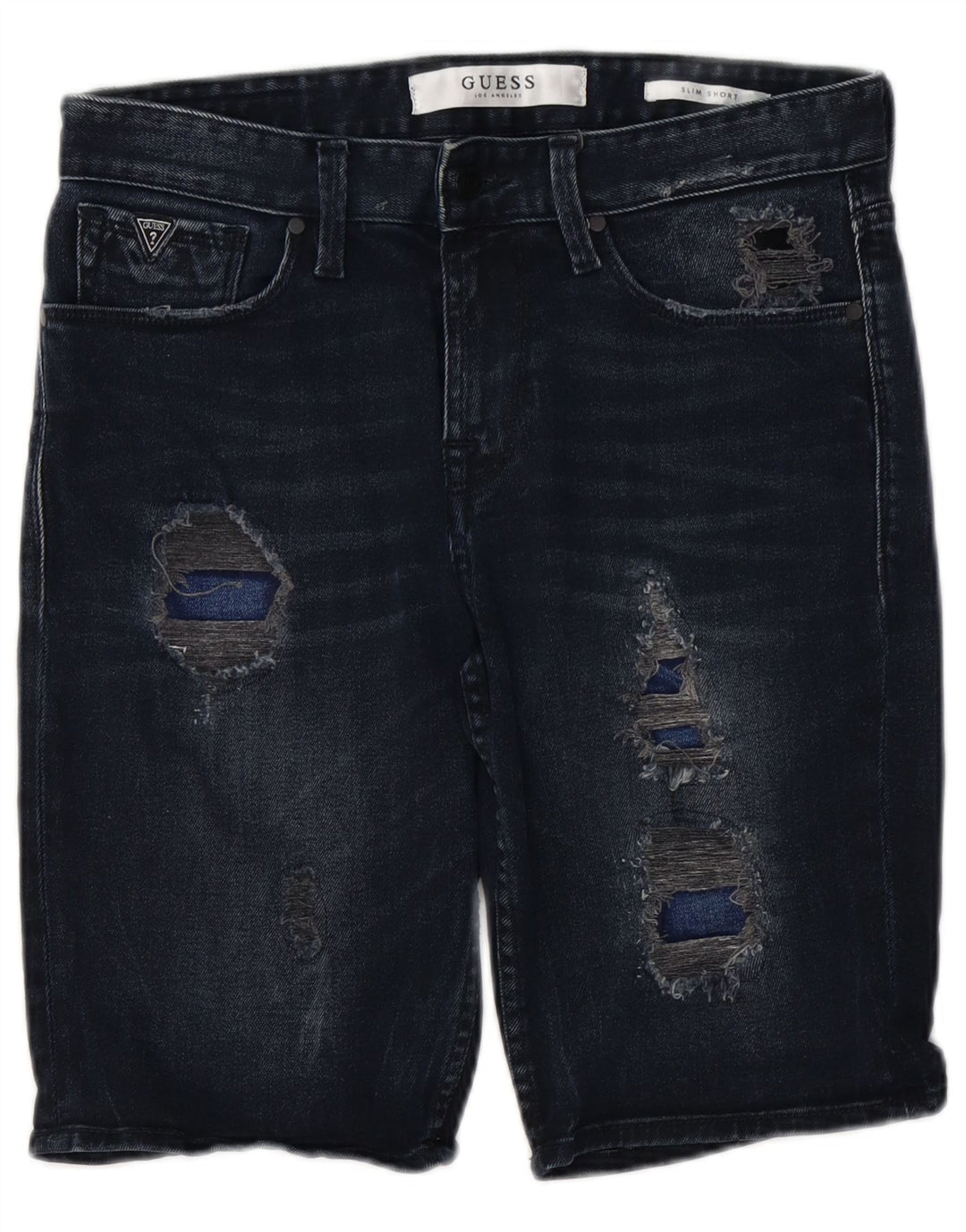 GUESS Pantalones cortos de mezclilla desgastados delgados para hombre W30 Algodón azul marino medio