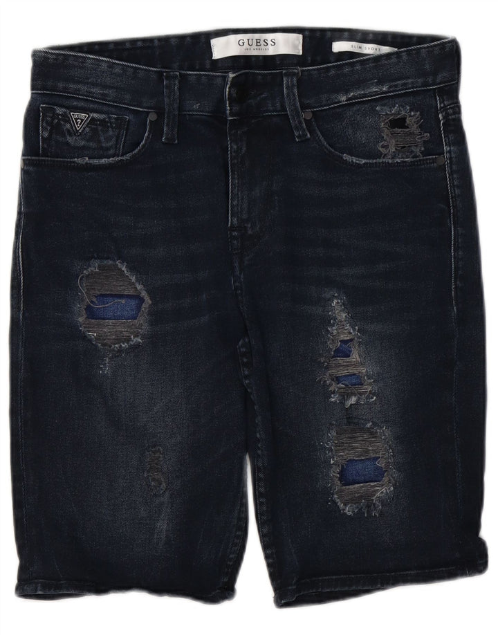 GUESS Pantalones cortos de mezclilla desgastados delgados para hombre W30 Algodón azul marino medio