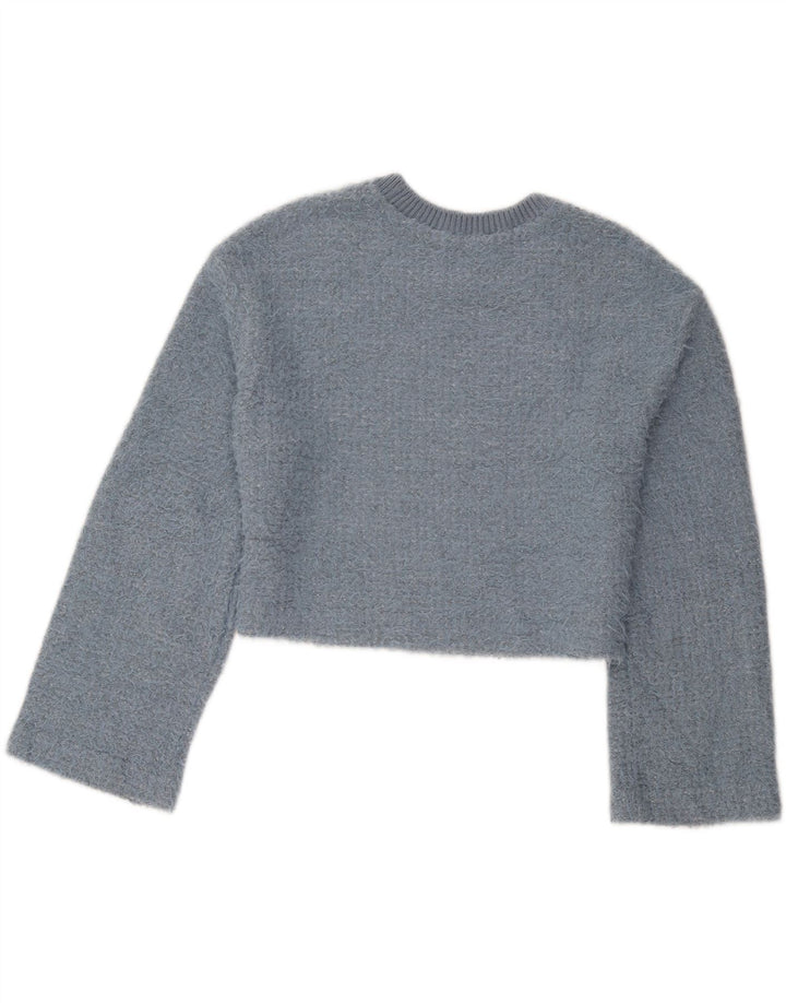 Zara - Jersey corto con cuello redondo para mujer, talla 40, poliéster azul medio