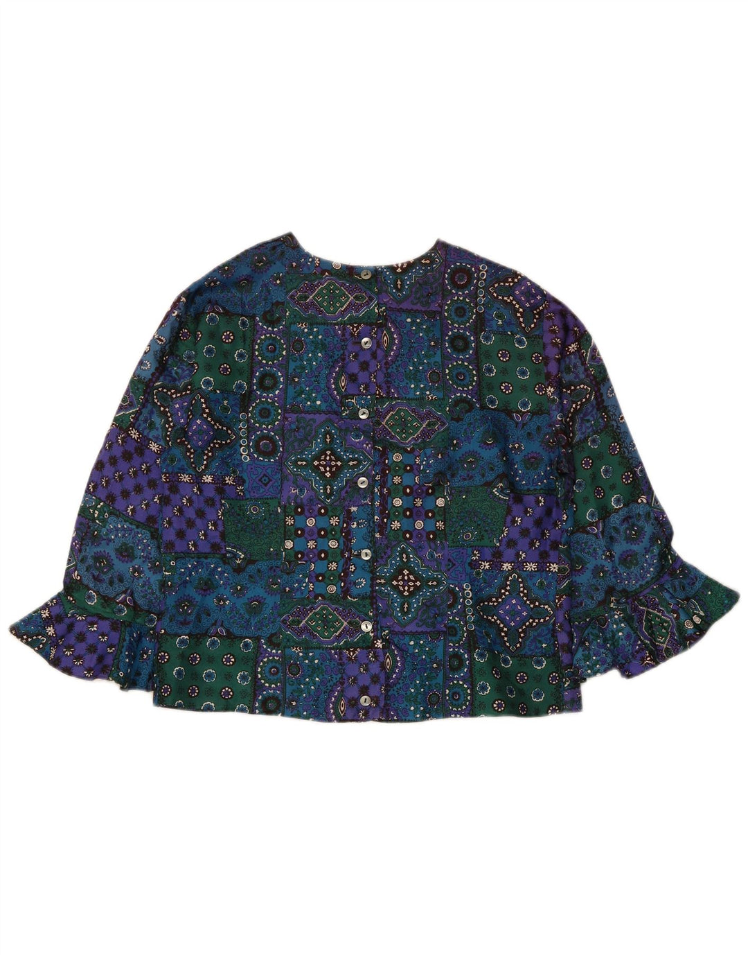 Vintage mujer crop camisa blusa Reino Unido 12 medio multicolor patchwork