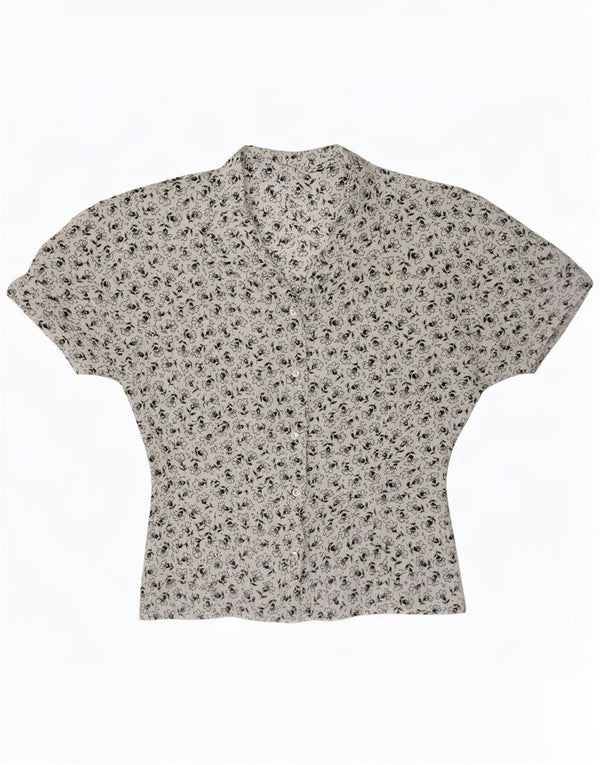 Vintage mujer camisa de manga corta blusa Reino Unido 12 medio blanco floral retro