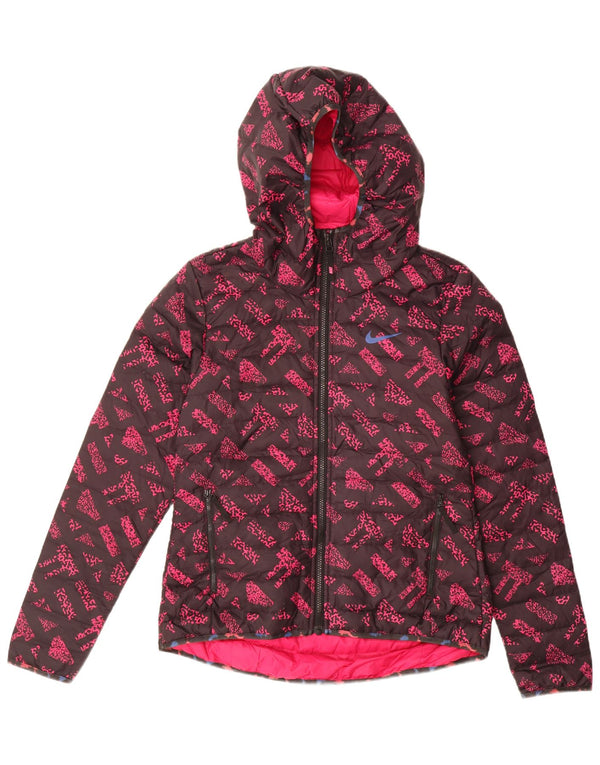 Nike Chaqueta acolchada con capucha gráfica para mujer UK 10 Small Pink Geométrico