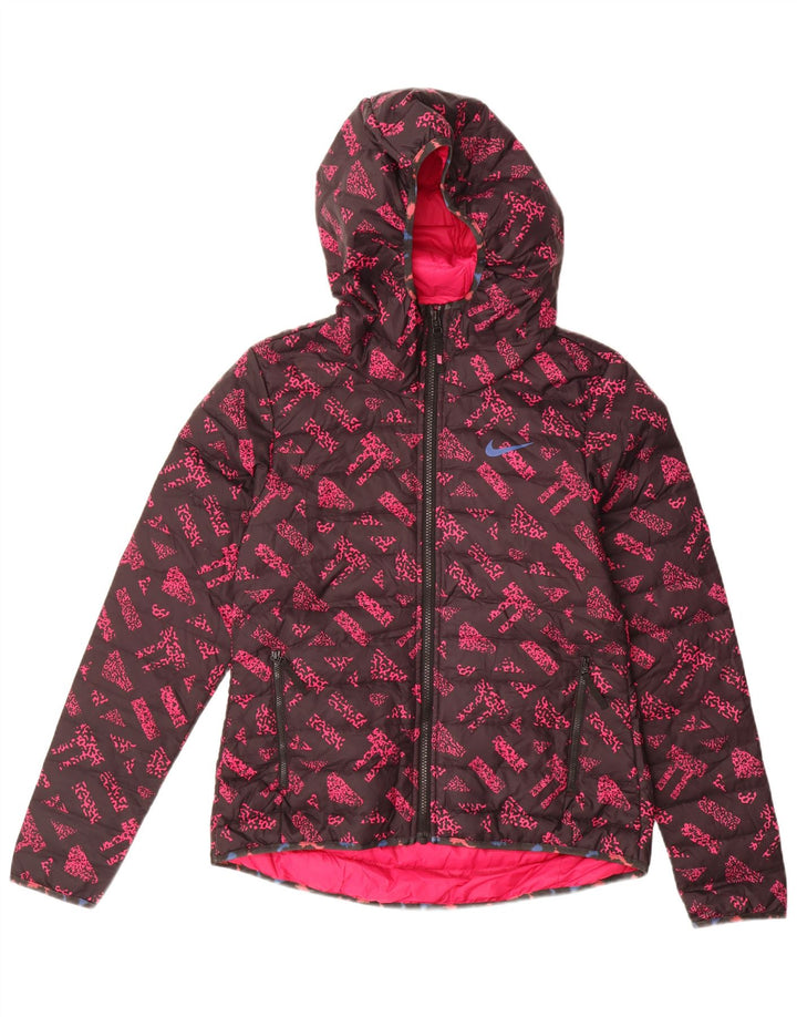 Nike Chaqueta acolchada con capucha gráfica para mujer UK 10 Small Pink Geométrico