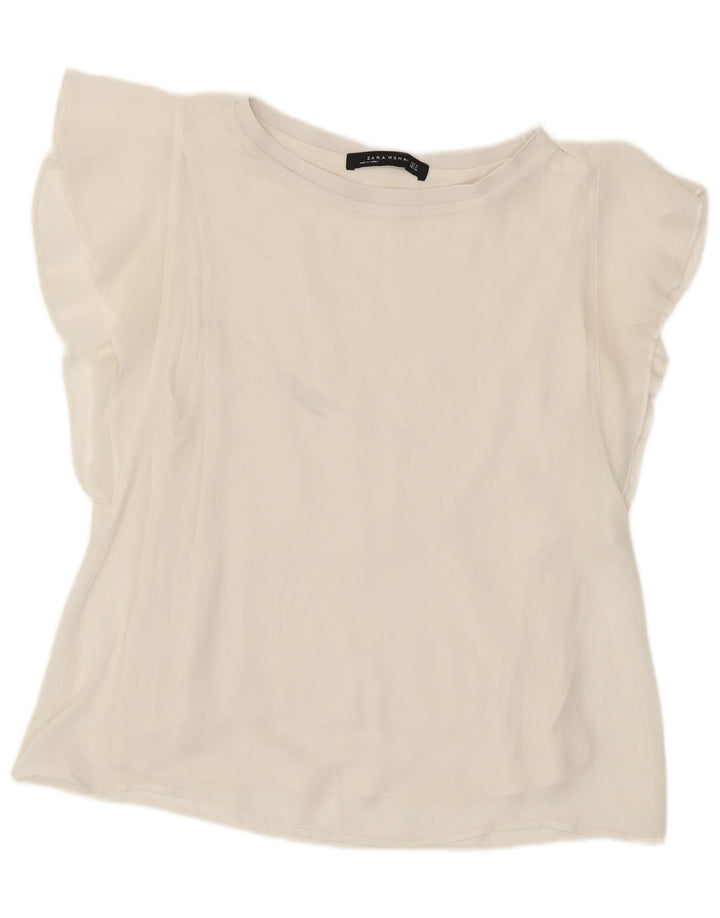 Zara Mujer Blusa Top UK 42 Medio Blanco Poliéster