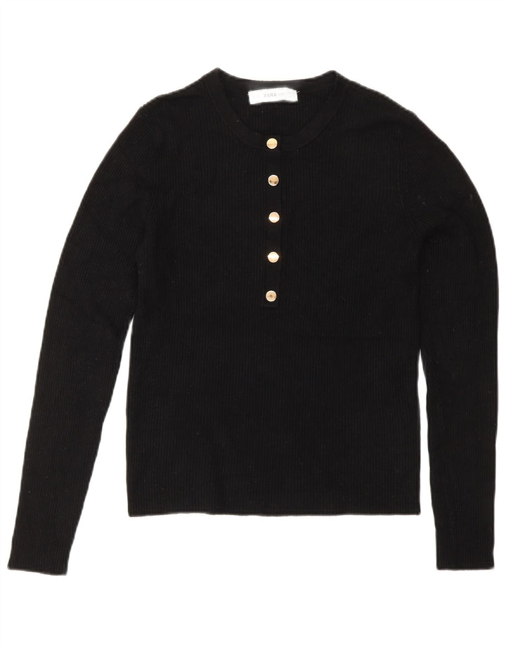ZARA Mujer Crop Button Neck Jumper Sweater UK 42 Medium Black Viscosa
