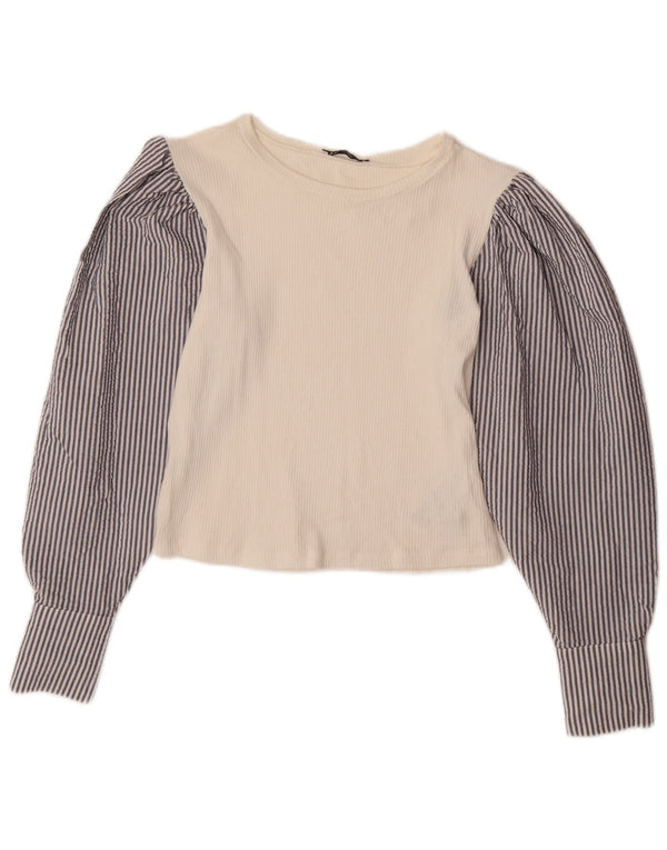 ZARA Blusa corta de manga larga para mujer UK 40 Medium White Pinstripe