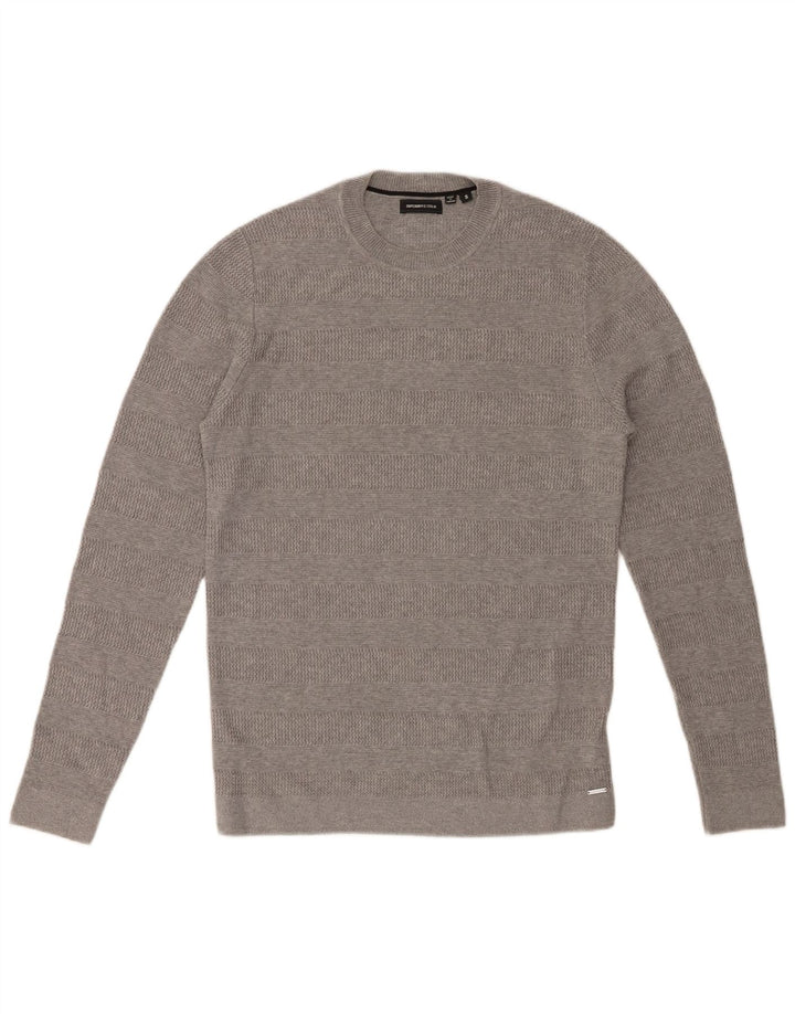 SUPERDRY Jersey de cuello redondo para hombre de algodón a rayas gris pequeño