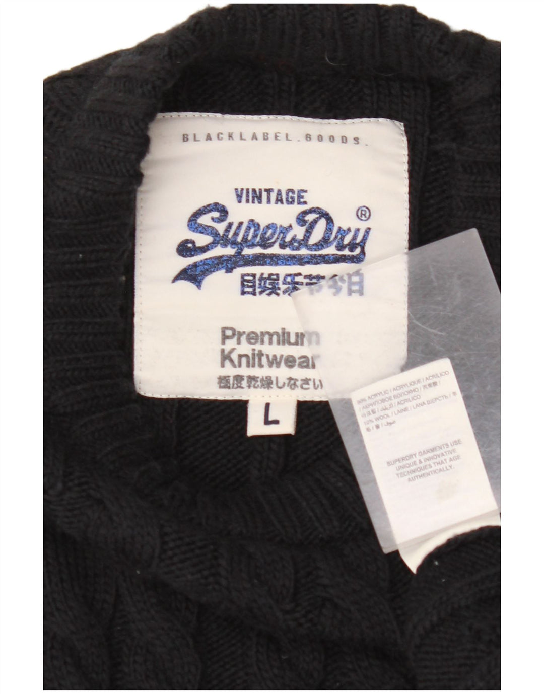 SUPERDRY Jersey de cuello redondo para hombre, talla grande, acrílico negro