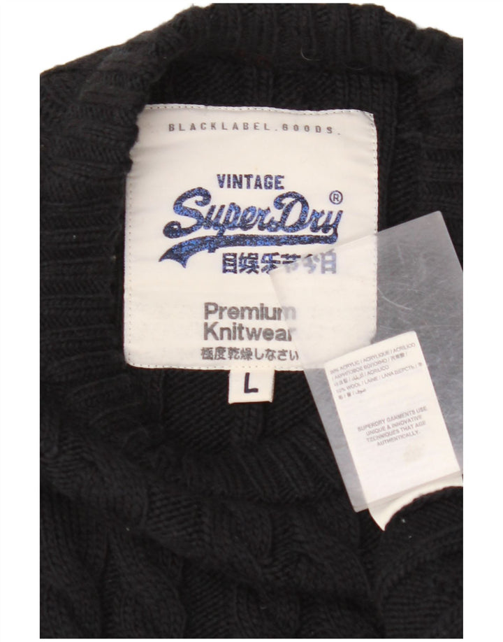 SUPERDRY Jersey de cuello redondo para hombre, talla grande, acrílico negro