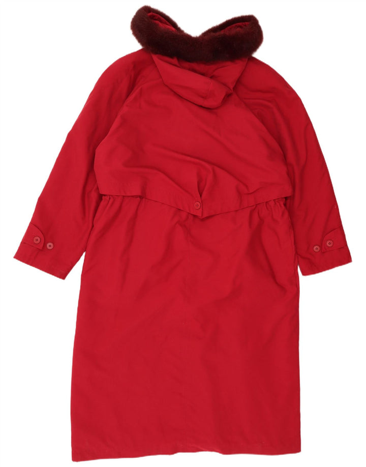 Vintage mujer con capucha gabardina Reino Unido 14 poliéster rojo grande