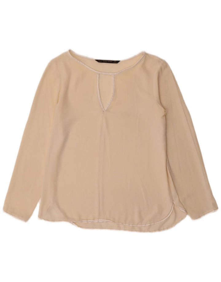 Zara Mujer Blusa De Manga Larga Top UK 10 Small Beige