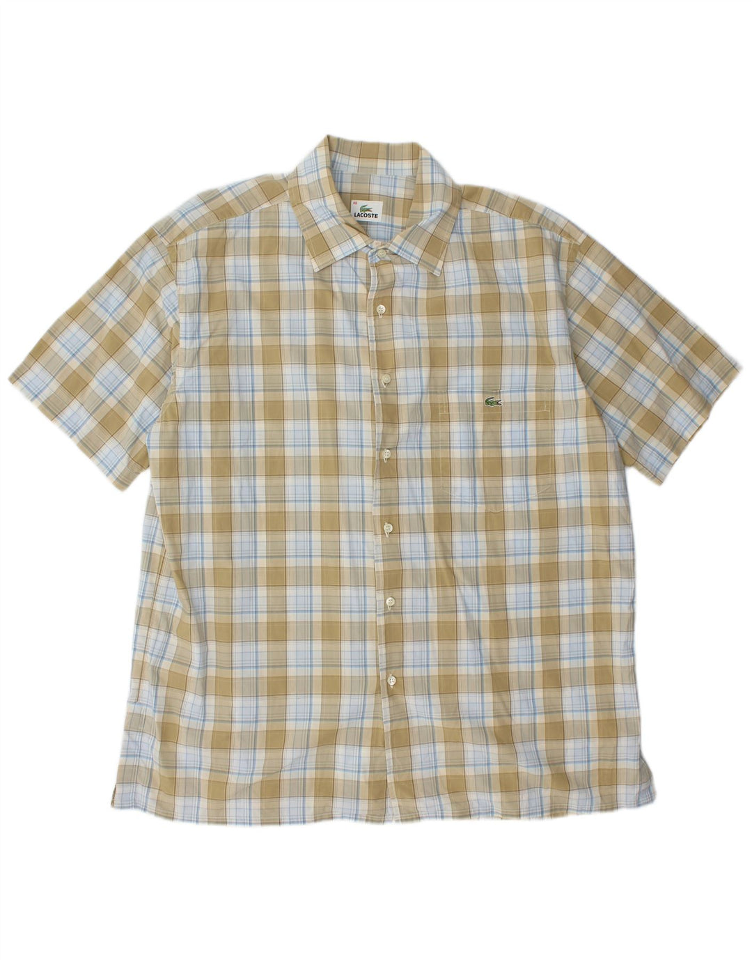LACOSTE Camisa de manga corta para hombre Talla 46 2XL Cuadros caqui