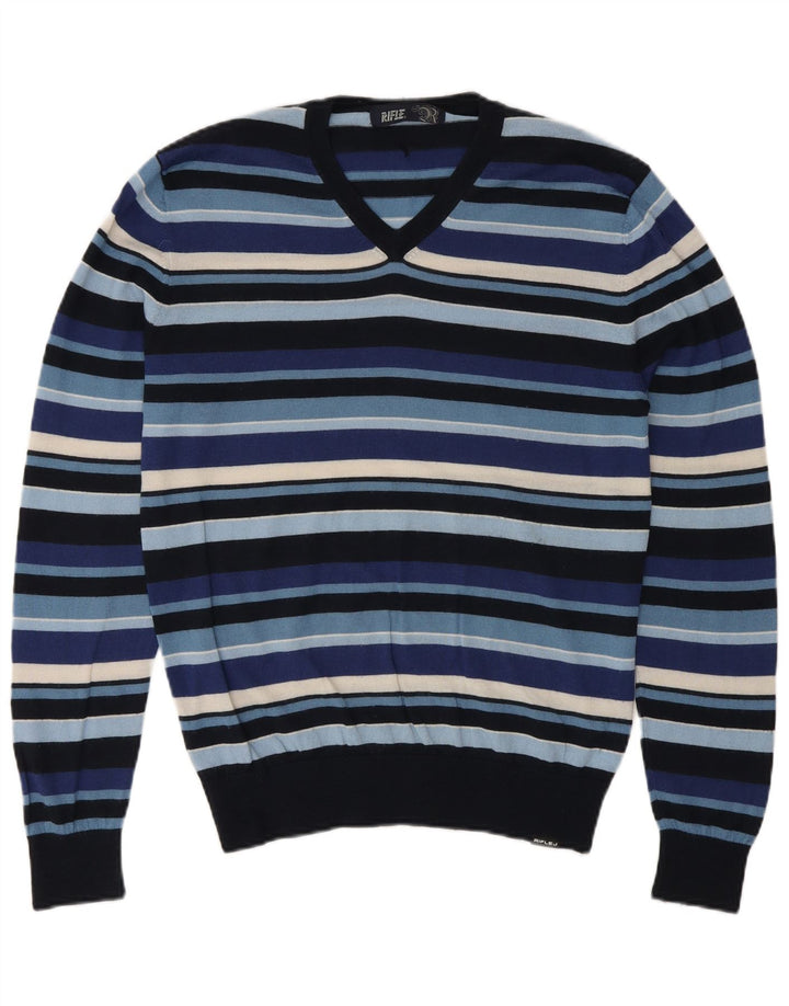 Rifle Jersey con cuello en V para hombre Jersey de lana a rayas azul marino medio