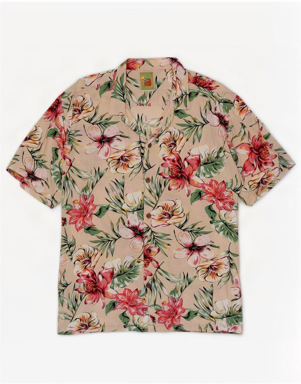 Vintage hombres camisa de manga corta grande beige floral hawaiano